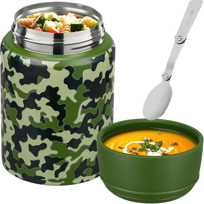 Aimsnk 17oz Soup Thermo for Hot Food Kids Insulated Food Jar,Thermo Hot Food Lunch Container, Width Mouth Stainless Steel Lunch Box for Kids with Handle Folding Spoon(Army Green - Camouflage) - Image 2